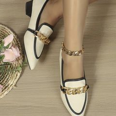 Women's Chain Chunky Heel Loafers Point Toe Canvas Dress Shoes