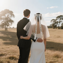 Custom Name & Date Bridal Veil with Sheer Bow Accent