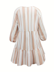  Stripe Print Lantern Sleeve Button Up Smock Dress