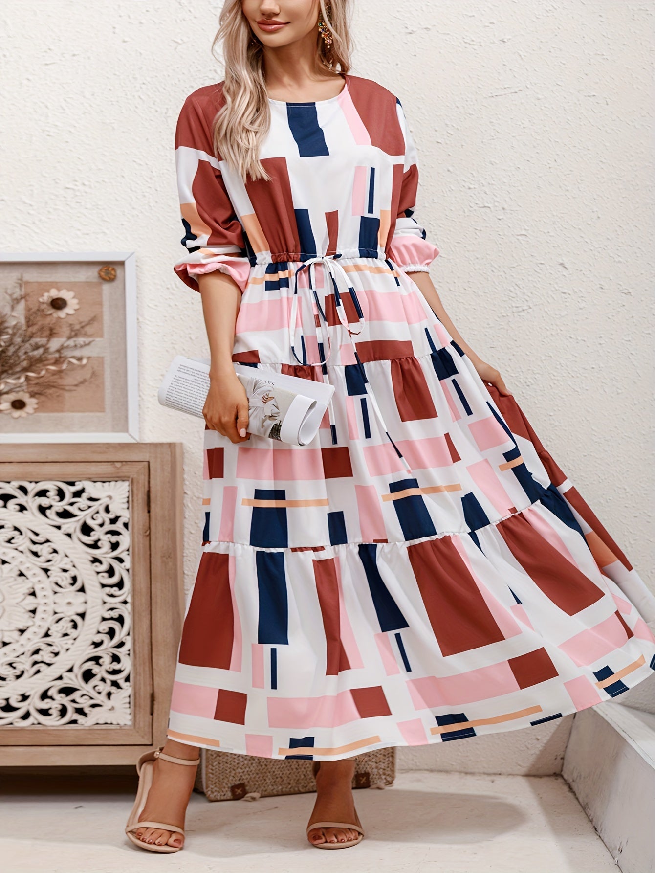 Colorblock Geometric Print Maxi Dress