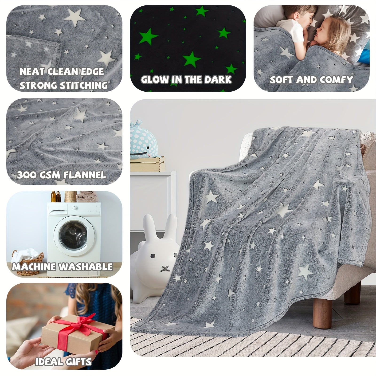Kids Glow In The Dark Blanket Soft Cozy Warm Fuzzy Throw Blanket Gray