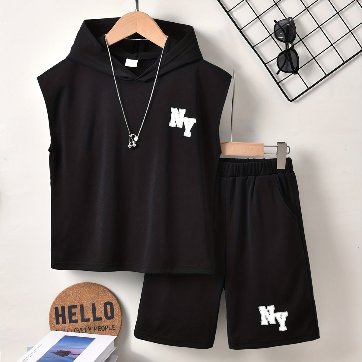 Boys NY Outfit Hooded Tank Top & Shorts Set for Summer