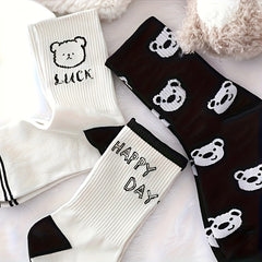 5 Pairs Bear & Plaid Print Socks Mid Tube Women's Stockings