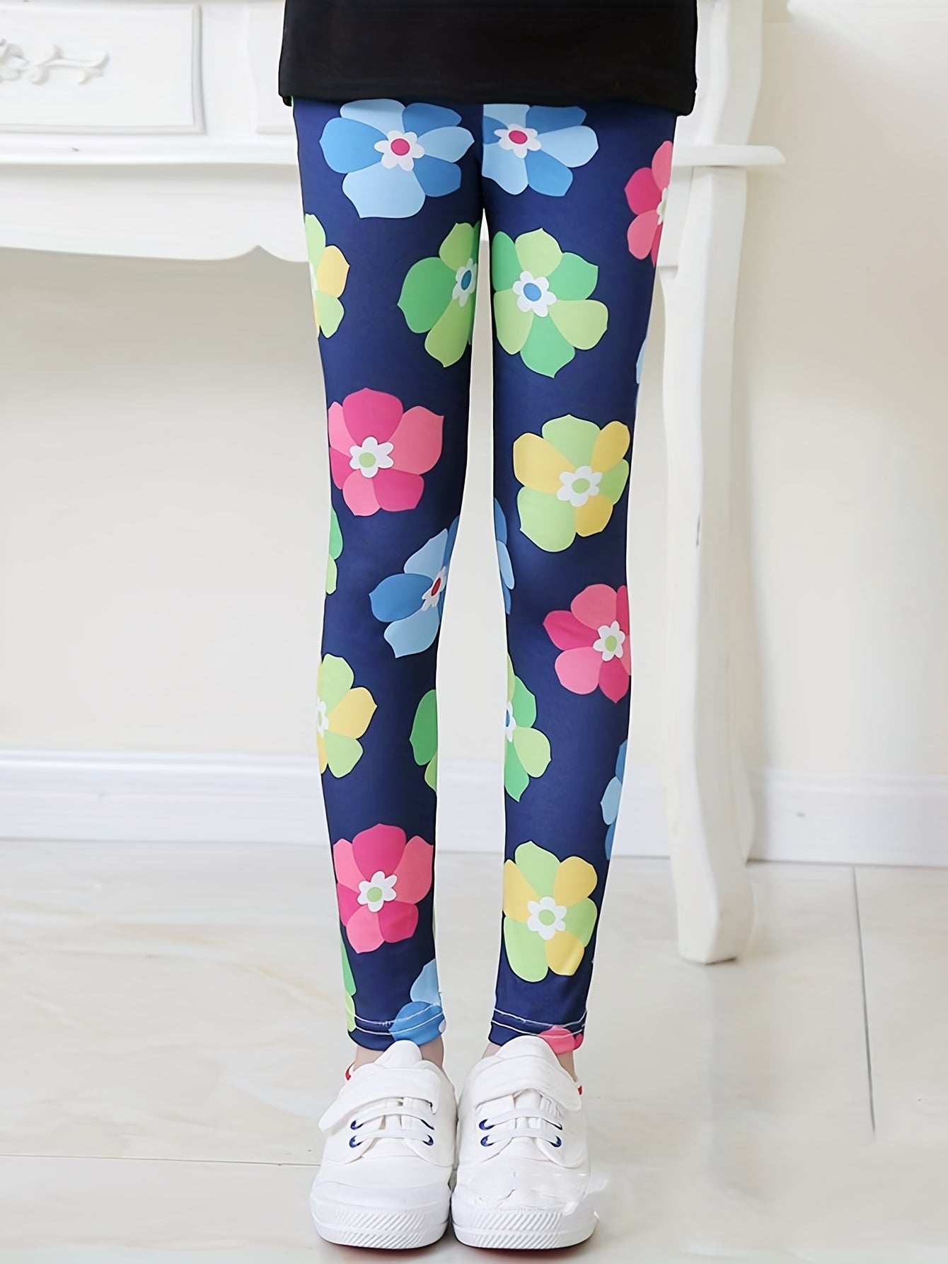 Girls Colorful Flowers Stretch Yoga Pants High Waist Slim Leggings