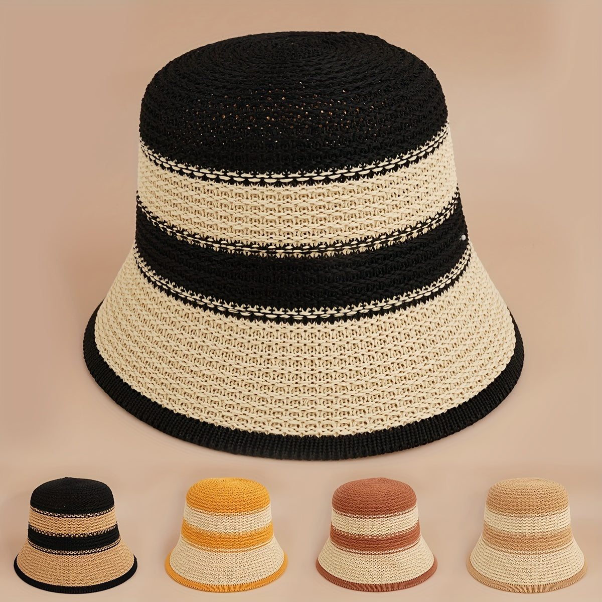 Wide Stripe Knitted Bucket Hat Casual Block Sunscreen Cloche Hats