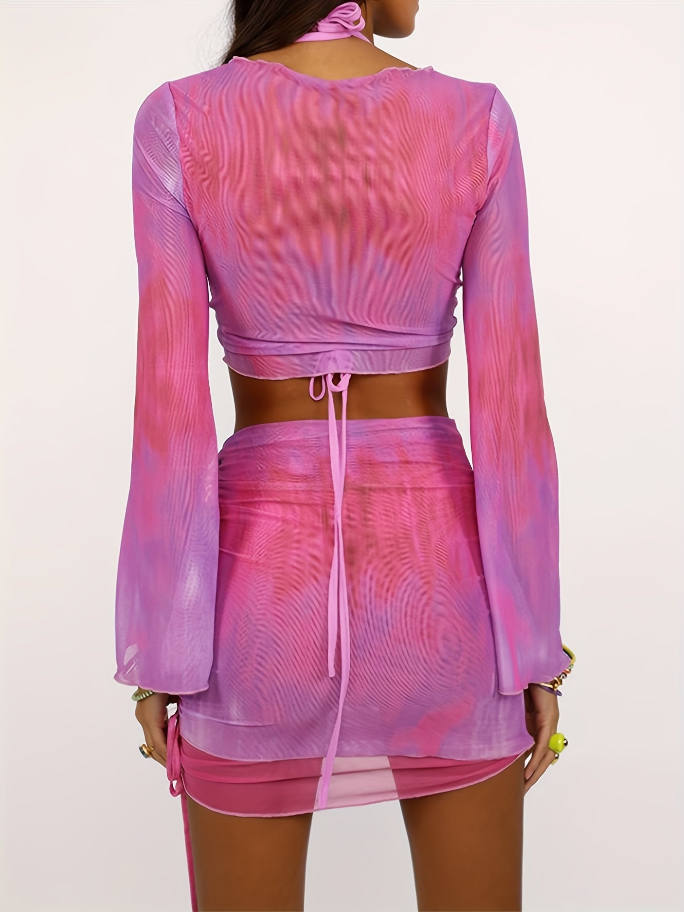 Random Print 2pc Crop Top & Skirt Set Long Sleeve Tie Front Mini Skirt Outfit