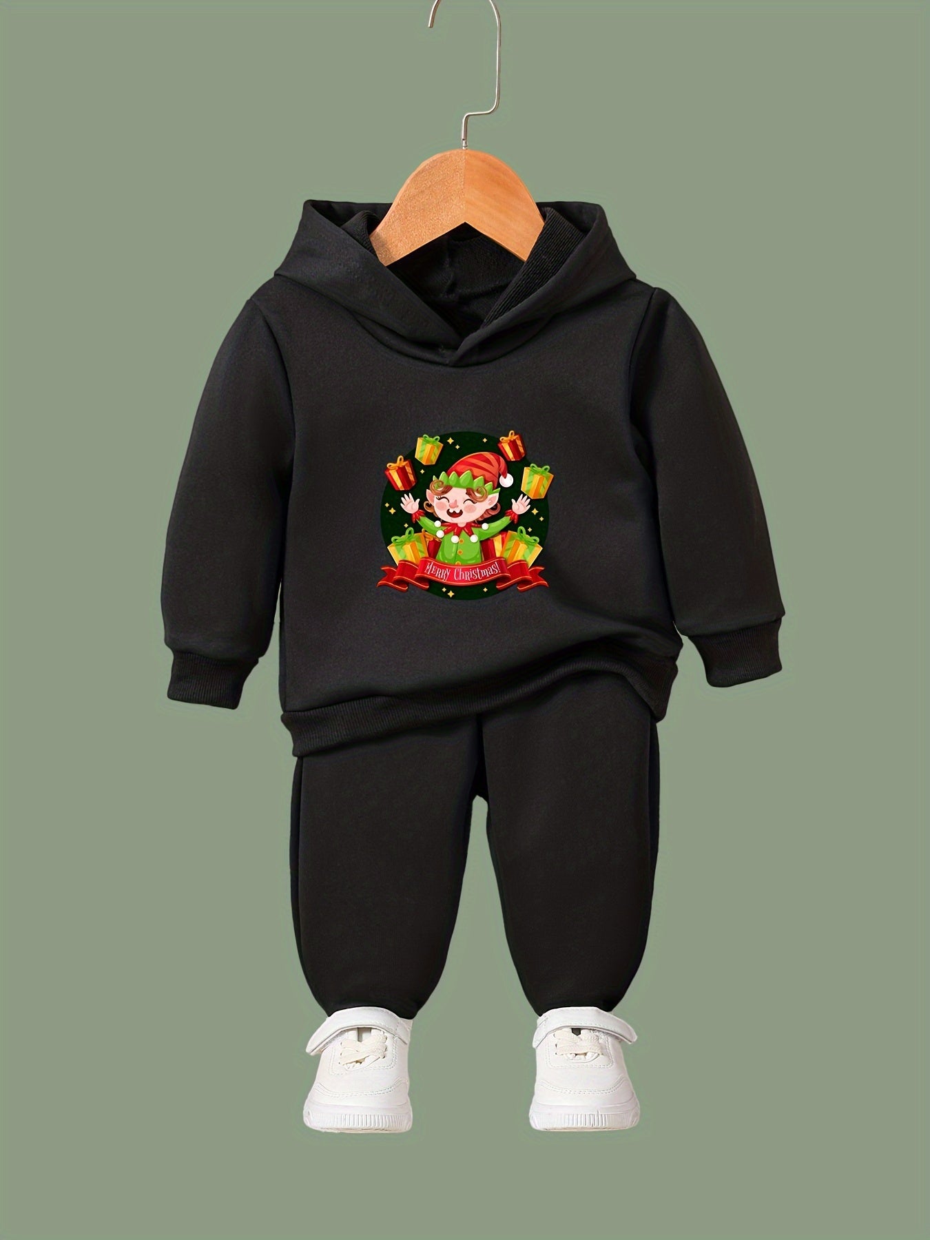 Elf Print Girls Hoodies Jogger Pants Set for Sports Spring Fall