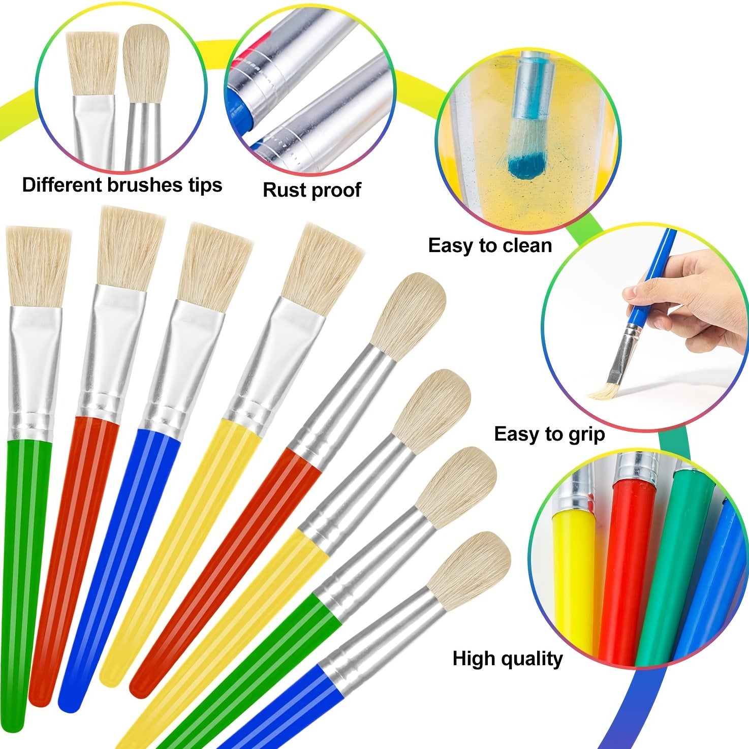 8 Pcs Kids Paint Brushes Round and Flat Easy to Clean No Shedding Bristles