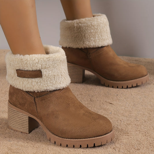 Women's Suedette Pattern Boots Solid Round Toe Thermal Lined Chunky Heel