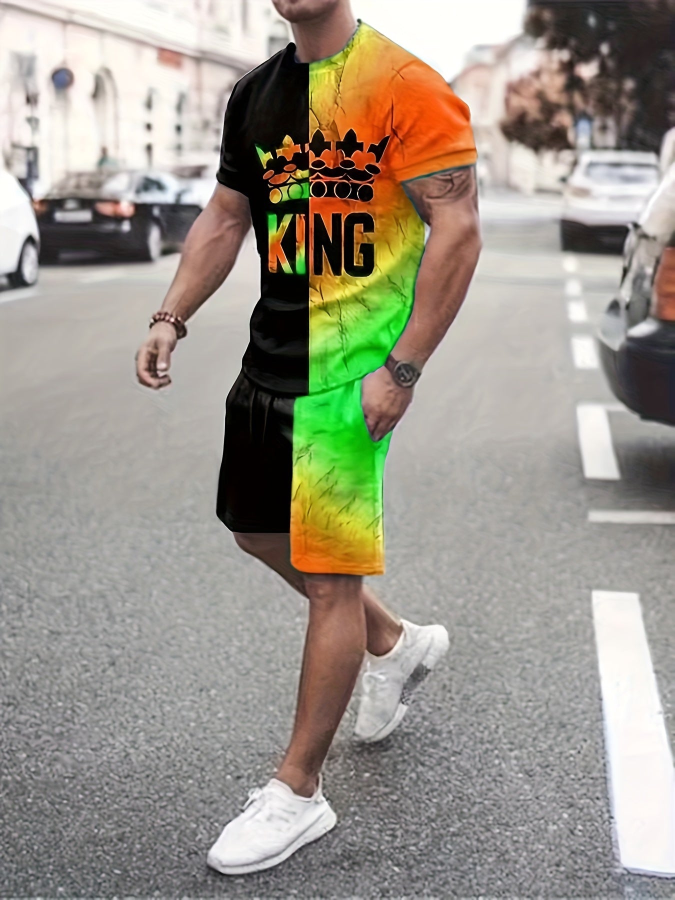 2pcs Men's Block & King Print T-shirt & Stretch Shorts for Outdoor