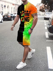 2pcs Men's Block & King Print T-shirt & Stretch Shorts for Outdoor