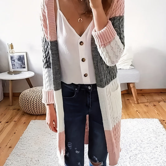  Colorblock Long Sleeve Cardigan with Pockets
