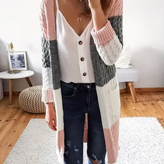  Colorblock Long Sleeve Cardigan with Pockets