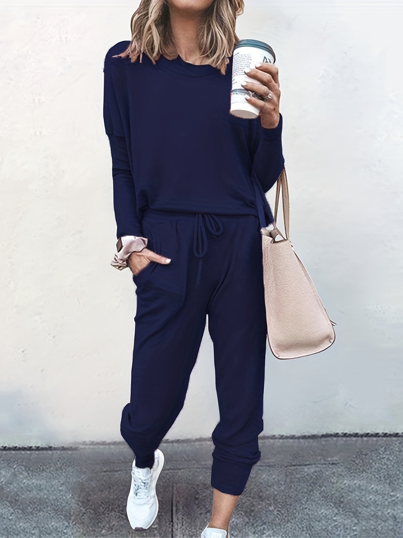 Casual Two-piece Set Long Sleeve T-shirt & Drawstring Pants Outfit