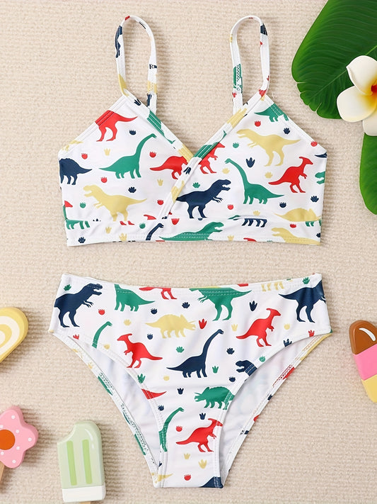 2pcs Dino Print Swimsuit Set For Girls
