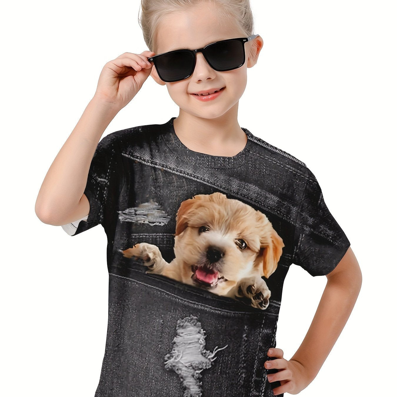 Kids 3D Dog Graphic Tee Breathable Summer Pullover Sports Top