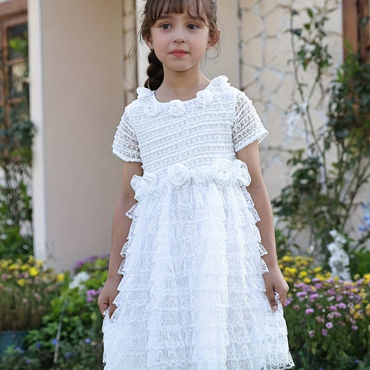 Girl's Lace Dress With Rose Appliques Grace Dress For Wedding
