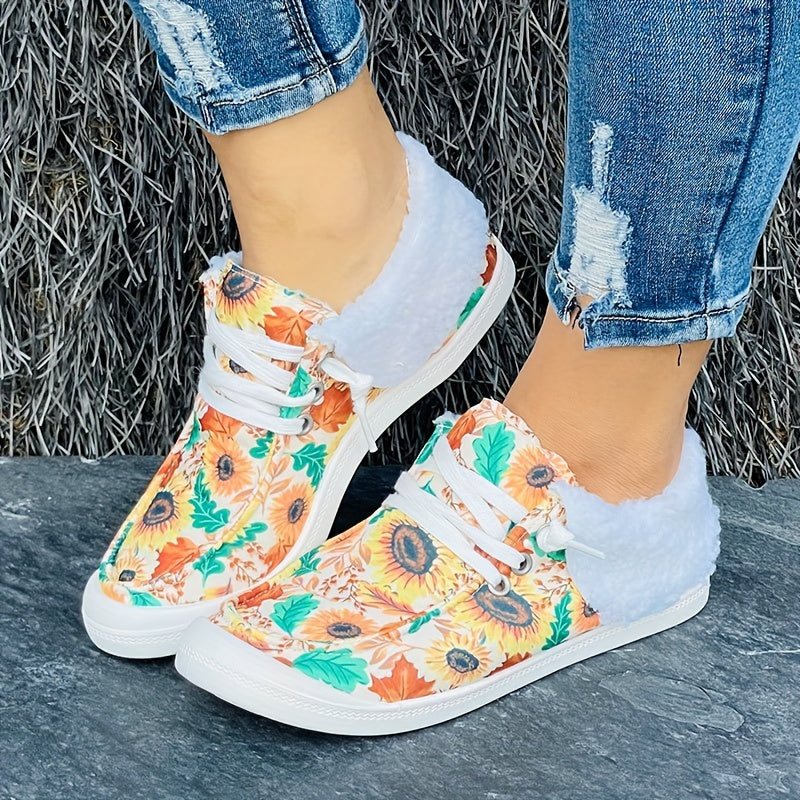Women's Winter Sunflower Floral Pattern Warm Sneakers Ankle Boots