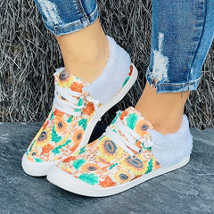 Women's Winter Sunflower Floral Pattern Warm Sneakers Ankle Boots