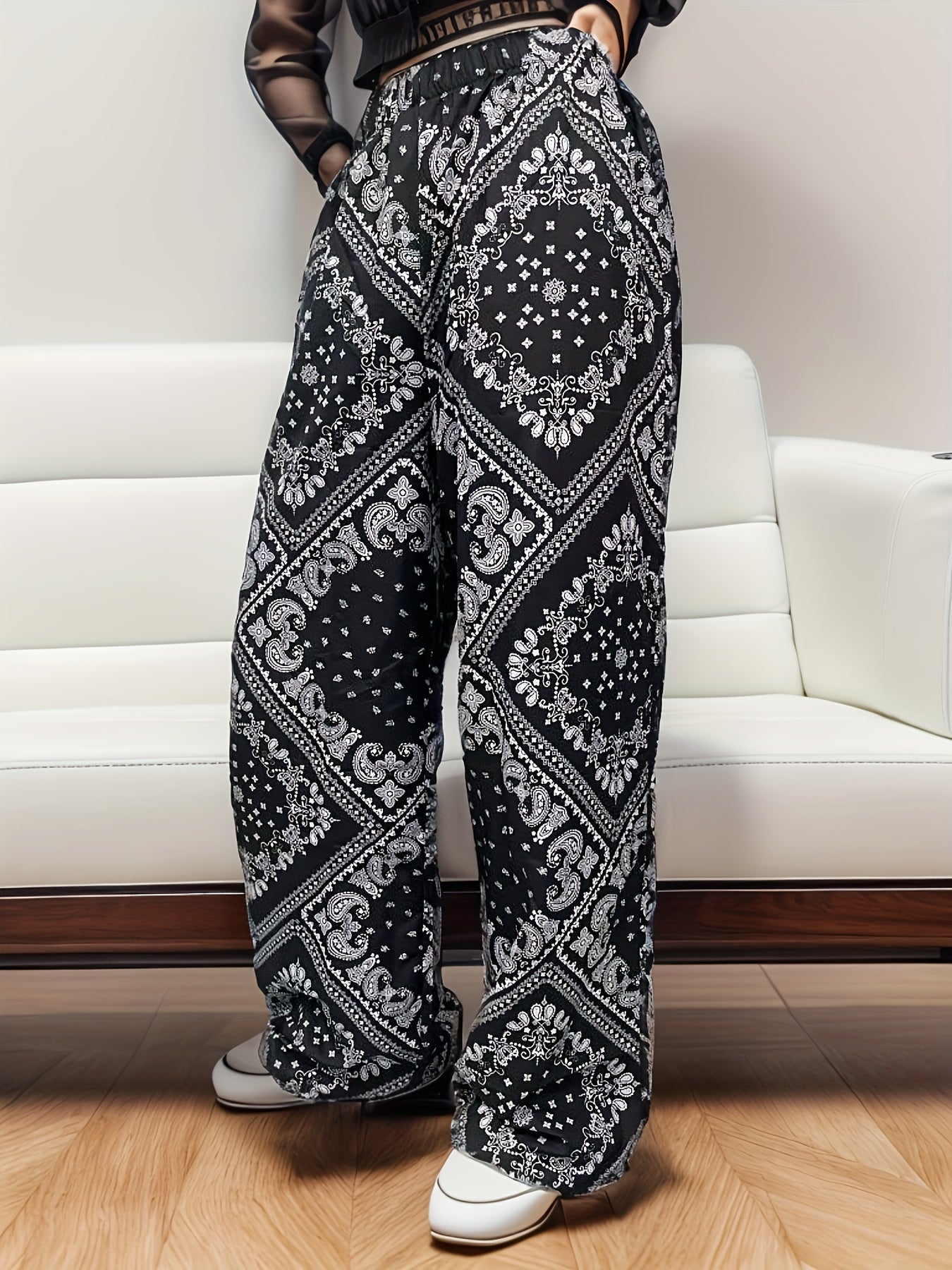  Boho Wide Leg Beach Trousers Elastic Waist Paisley Print Pants