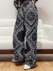  Boho Wide Leg Beach Trousers Elastic Waist Paisley Print Pants
