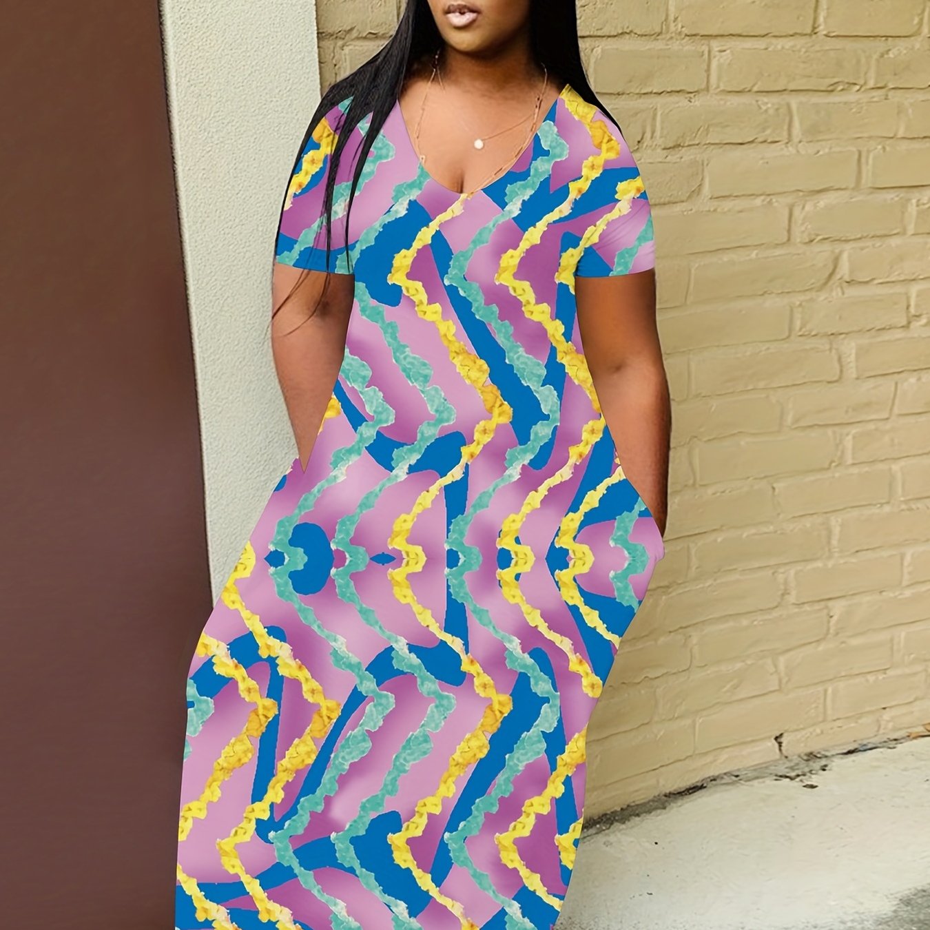  Colorful Stripe Print Maxi Dress with Pockets