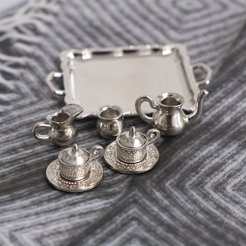 10pcs 1:12 Dollhouse Silver Metal Tea Coffee Tray Tableware Set