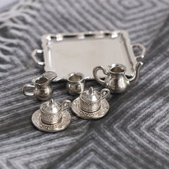 10pcs 1:12 Dollhouse Silver Metal Tea Coffee Tray Tableware Set