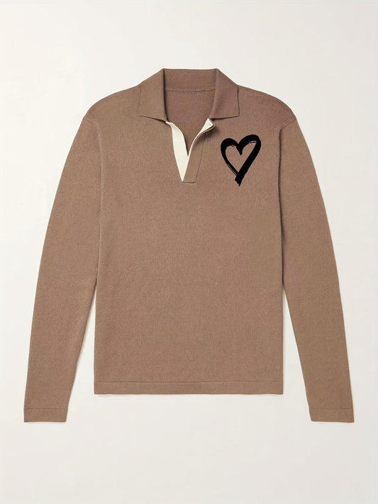 Heart Pattern Knit Polo Shirt Men's Casual Lapel Middle Stretch V Neck Pullover
