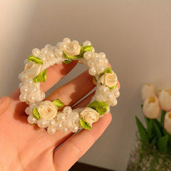 Faux Pearl Hair Tie Fabric Rose Decor Hair Rope Sweet Ponytail Holder