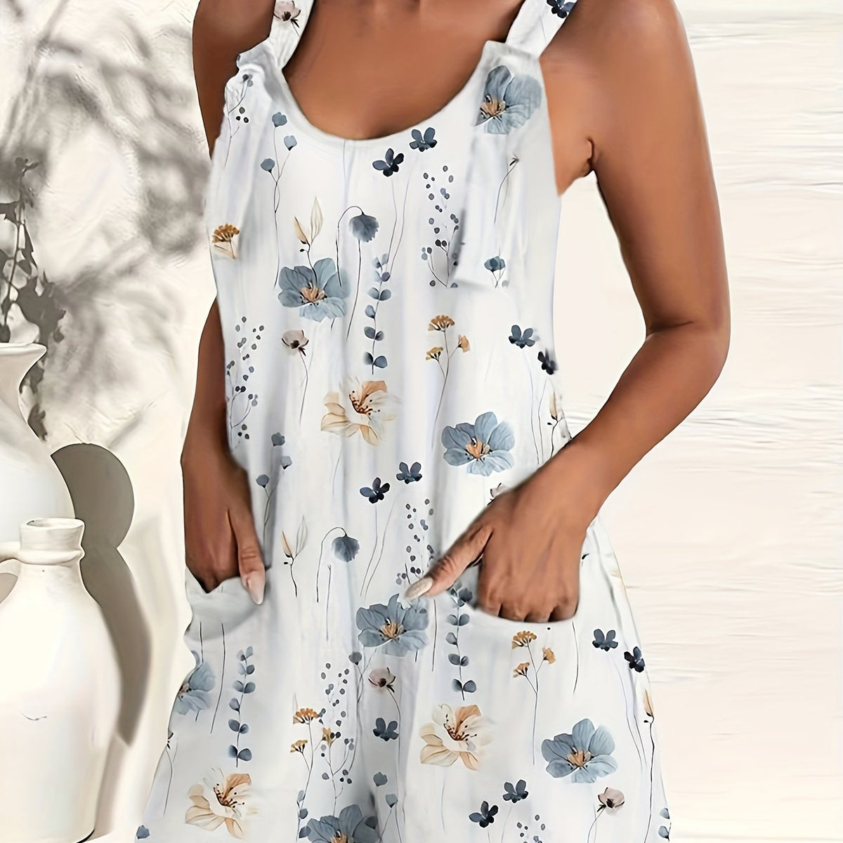 Floral Print Overall Jumpsuit with Patched Pockets