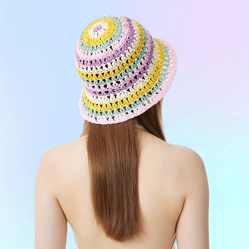 Rainbow Striped Crochet Bucket Hat Hollow Out Straw Sun Hat