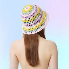 Rainbow Striped Crochet Bucket Hat Hollow Out Straw Sun Hat