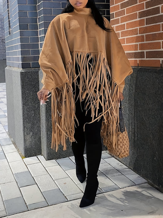 Tassel Cape Coat Casual Solid Long Sleeve Outerwear