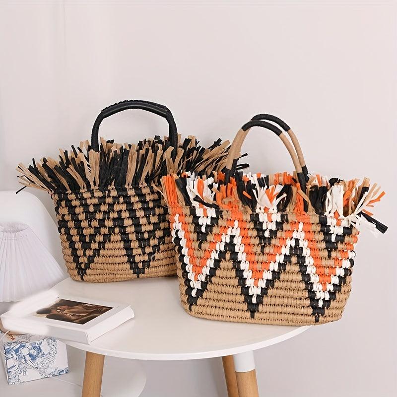 Woven Striped Tote Bag Lightweight Satchel Bucket Bag