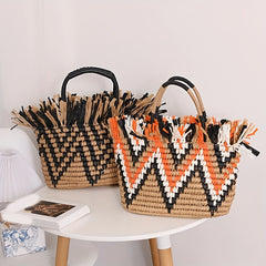 Woven Striped Tote Bag Lightweight Satchel Bucket Bag