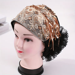 Sequin Tassel Embroidery Beanie Lace Flower Turban Cap Head Wrap