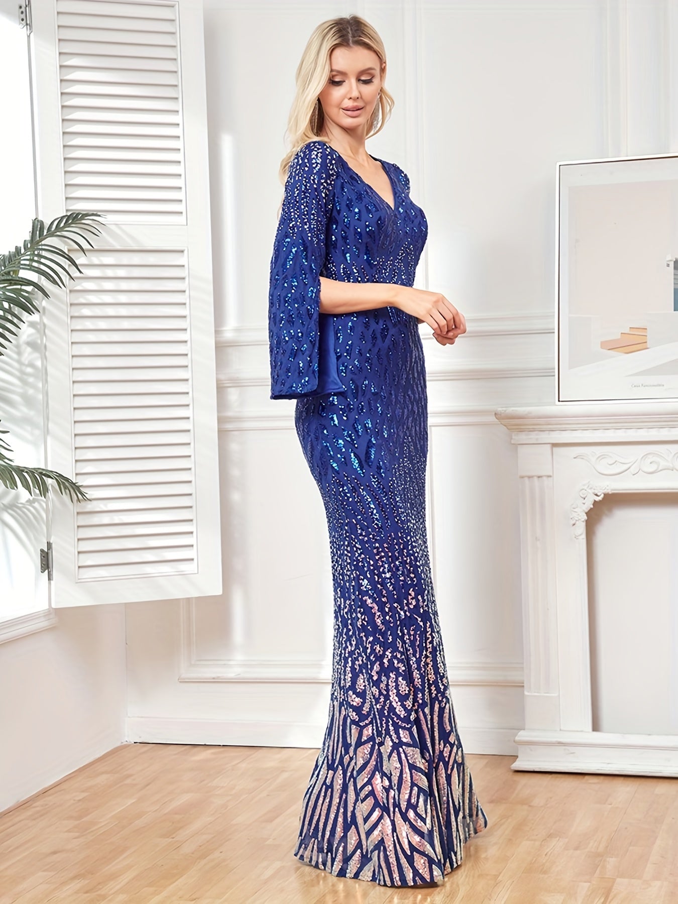 Sequined Bridesmaid Dress V neck Floor Length Dress
