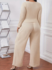 Plus Size Ribbed Long Sleeve Crop Top & Pants Outfit Set