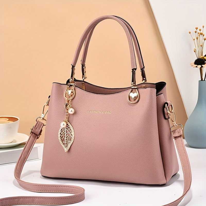 Classic Shoulder Handbag with Metal Leaf Pendant - Stylish and Spacious