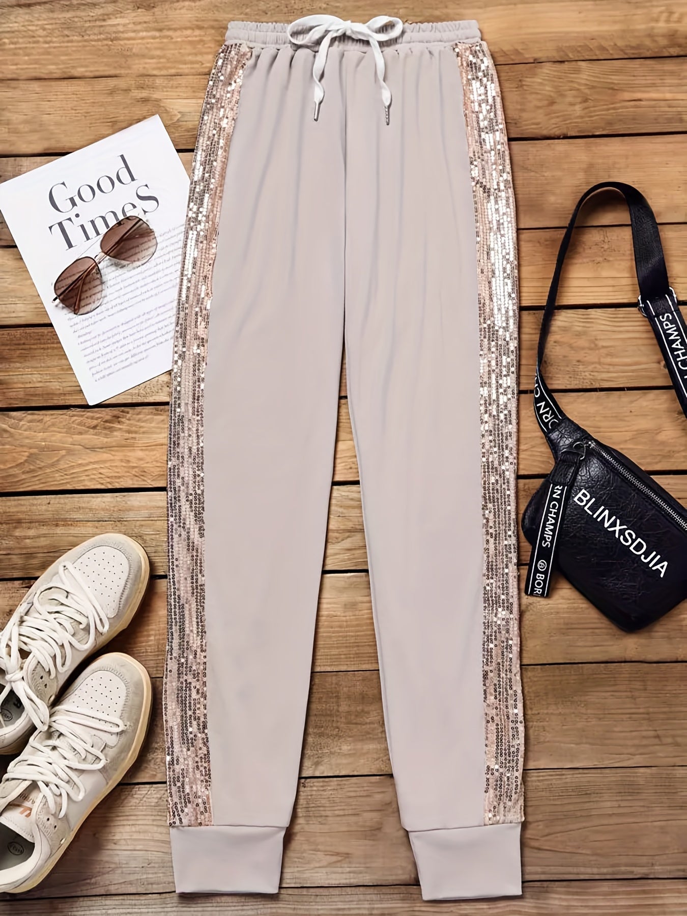 Women's Plus Sequin Decor Drawstring Elastic Waist Party Pants