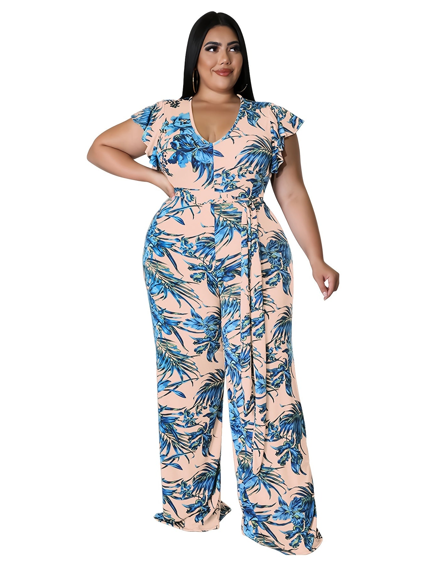 Floral Print Cap Sleeve Jumpsuit Women's Plus Size