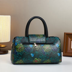 Vintage Floral Print Tote Bag Zipper Handbag Dark Brown Red Green