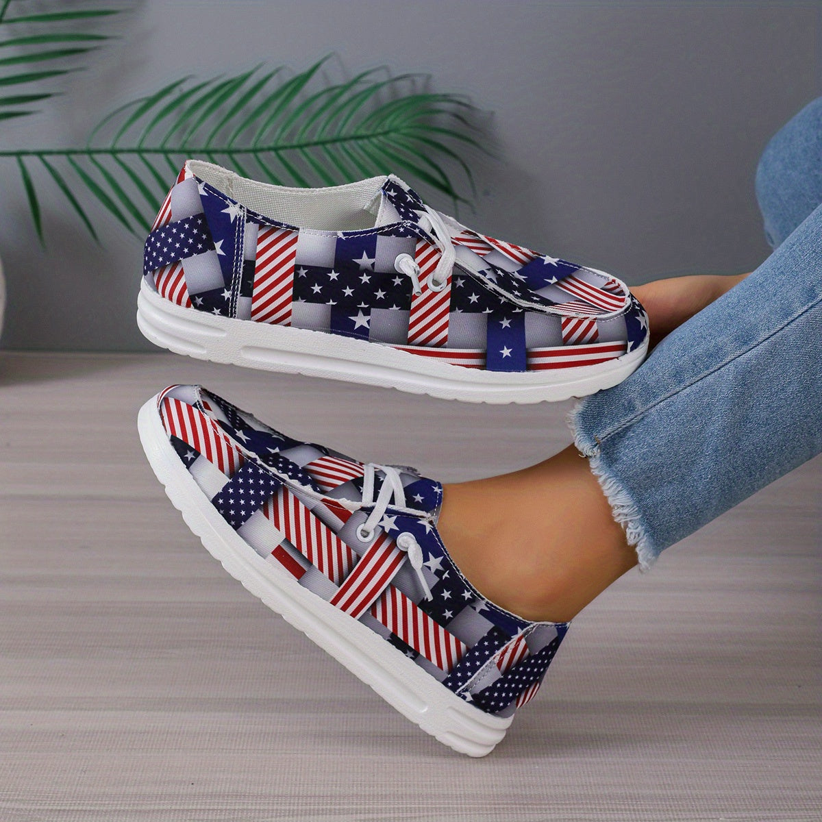 Women's Star & Striped Canvas Shoes Lace Up Flat Loafers