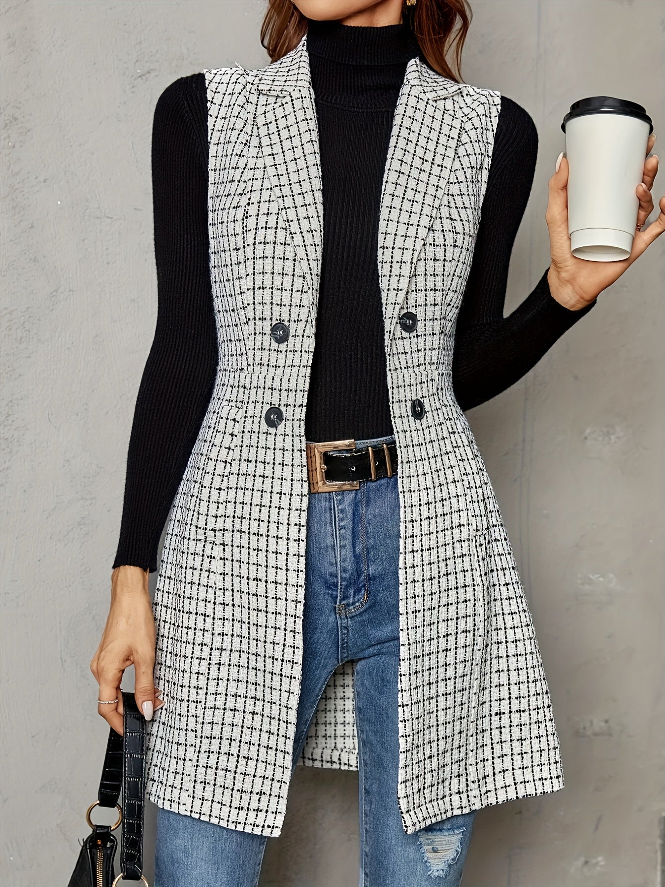 Plaid Double Breasted Lapel Vest Sleeveless Slim Vest