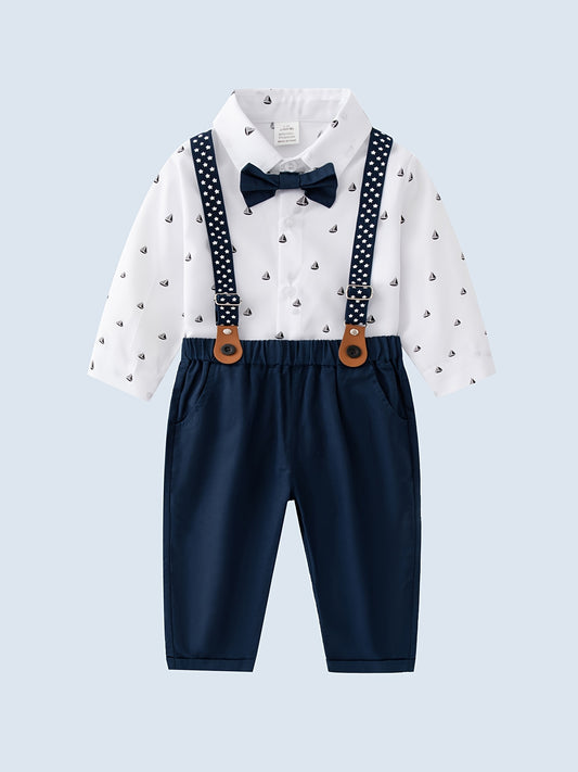 Baby Boys Gentleman Outfits Bowtie Long Sleeve Shirts Matching Suspender Pants