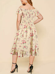 Floral Print Off Shoulder Ruffle Trim Midi Dress Plus Size
