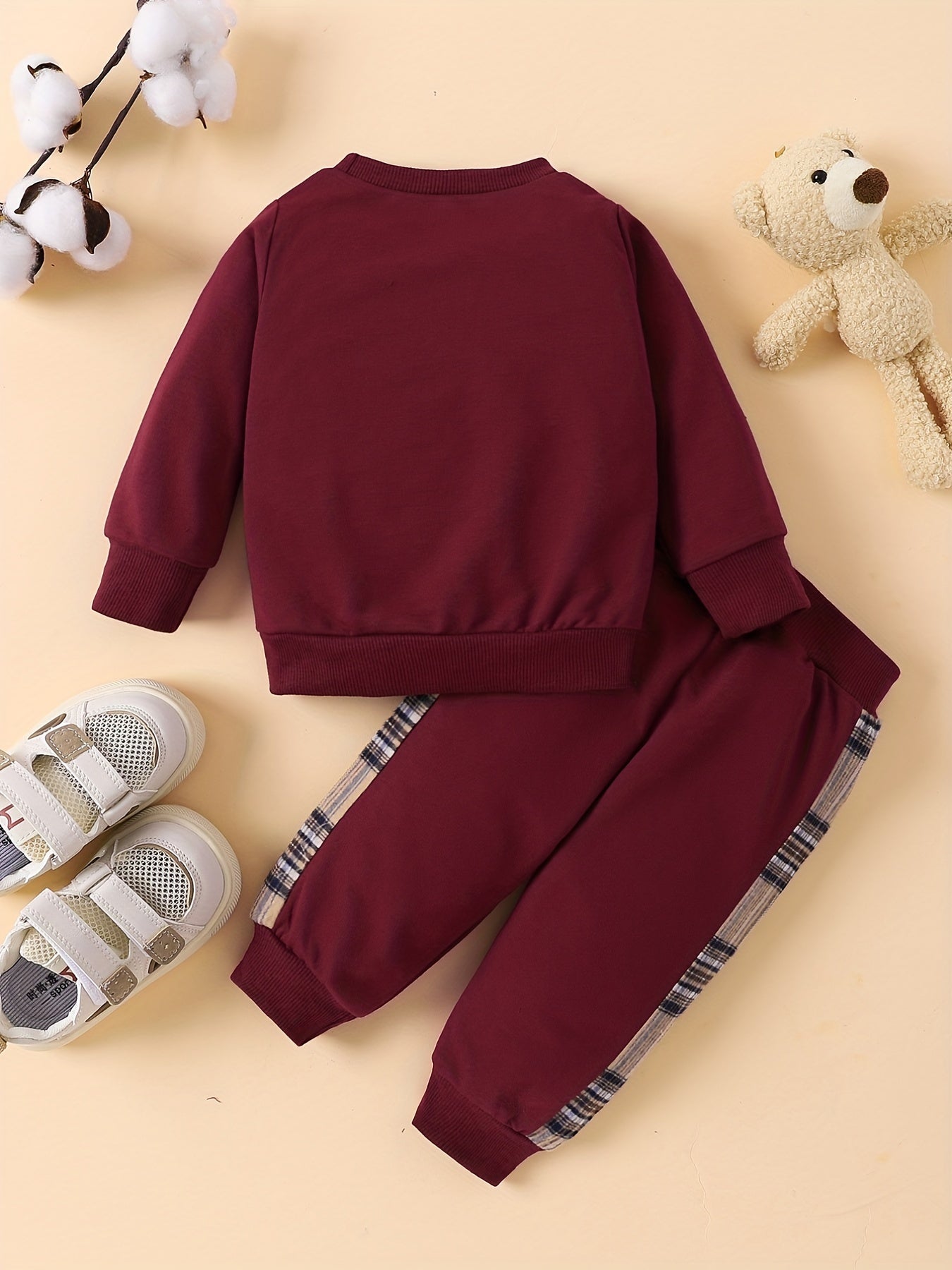 Baby Plaid Bear Embroidery Set Sweatshirt Tops Pants