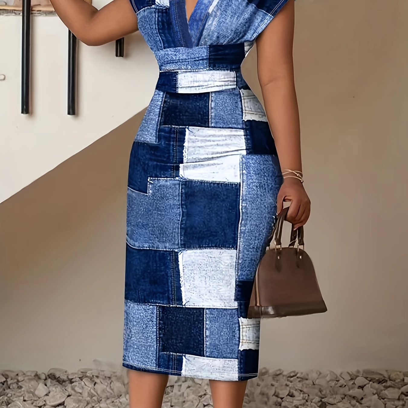  Colorblock Denim Print Batwing Midi Dress