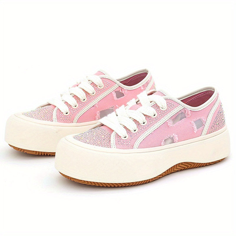Rhinestone Mesh Low Top Chunky Shoes Women's Casual Heightening Board Shoes